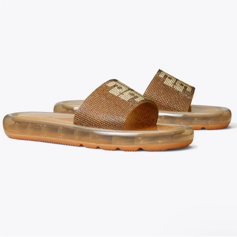 Tory Burch Brown and Gold Logo Slide Sandals